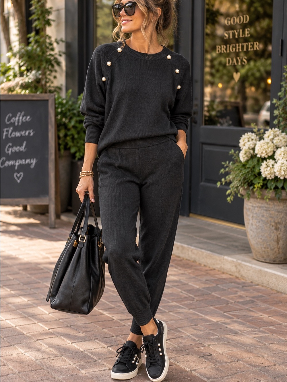 Women’s Pearl Embellished Matching Set Black Knit Size Small #575CL